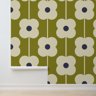 Abacus Flower Lined Eyelet Olive and Blue Wallpaper