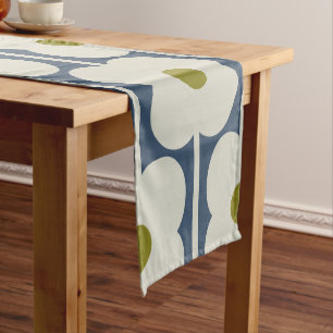 Abacus Flower Lined Eyelet White and Blue Short Table Runner
