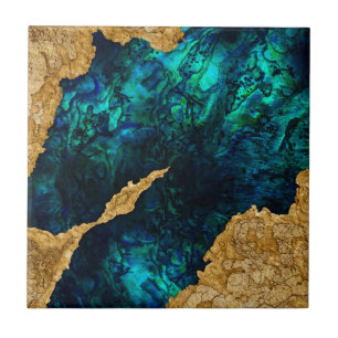 Abalone Blue and Gold Cement Mixed media abstract Tile