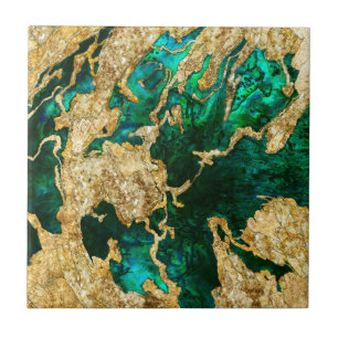 Abalone Green and Gold Cement Mixed media abstract Tile