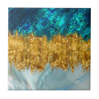 Abalone, Pearl and gold texture mixed media abstra Tile