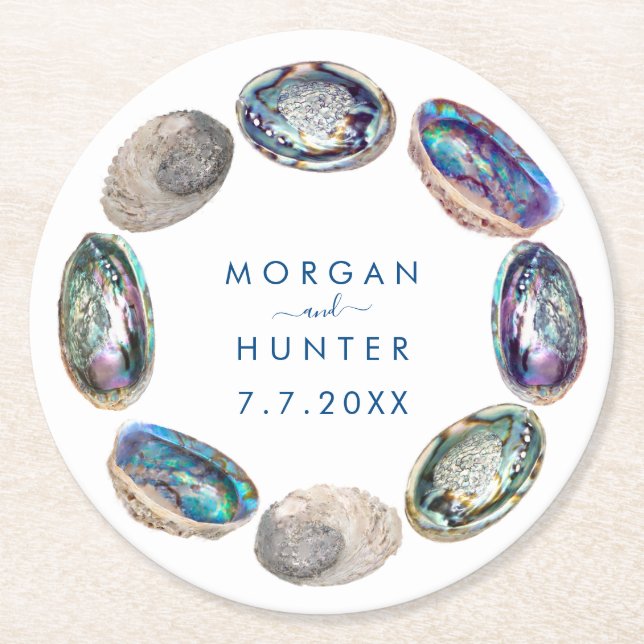 Abalone Shell Colourful Watercolor Beach Wedding Round Paper Coaster (Front)