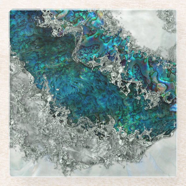 Abalone Shell Pearl and Silver 2 Glass Coaster (Front)