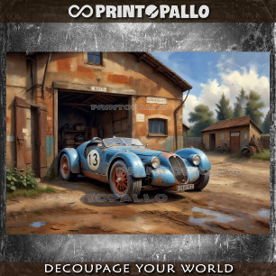 Abandoned 1920 racing car in a rural garage tissue paper