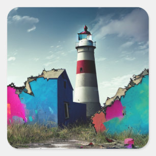 Abandoned Beach Colorful Wreckage Square Sticker