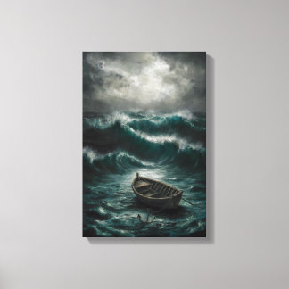 Abandoned Boat in Stormy Waters Ocean Art Canvas Print