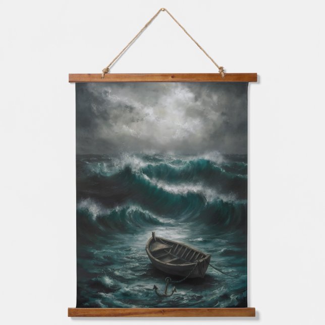 Abandoned Boat in Stormy Waters Ocean Art Hanging Tapestry (Front)