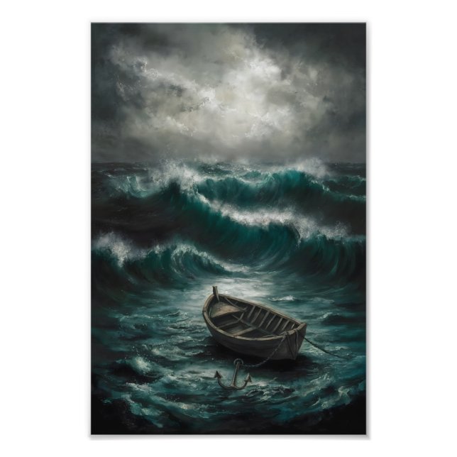 Abandoned Boat in Stormy Waters Ocean Art Photo Print (Front)