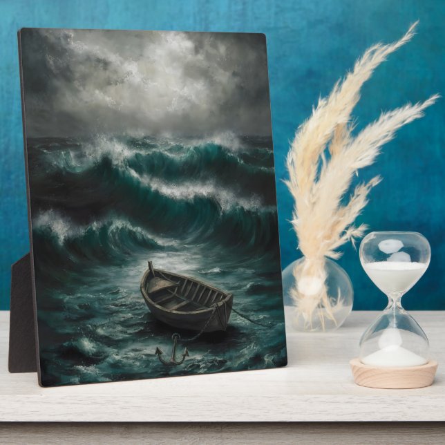 Abandoned Boat in Stormy Waters Ocean Art Plaque (Side)