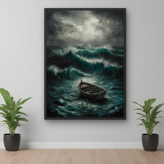 Abandoned Boat in Stormy Waters Ocean Art Poster