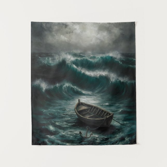 Abandoned Boat in Stormy Waters Ocean Art Tapestry (Front)