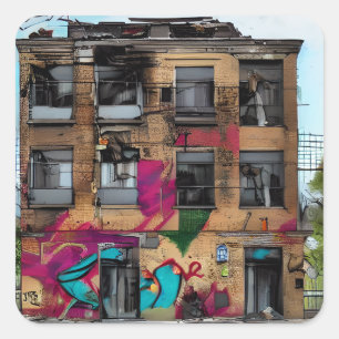 Abandoned Building Abstract AI Art Square Sticker