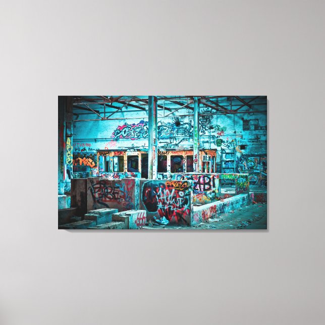 Abandoned Building Blue Wall Graffiti  Art Canvas Print (Front)