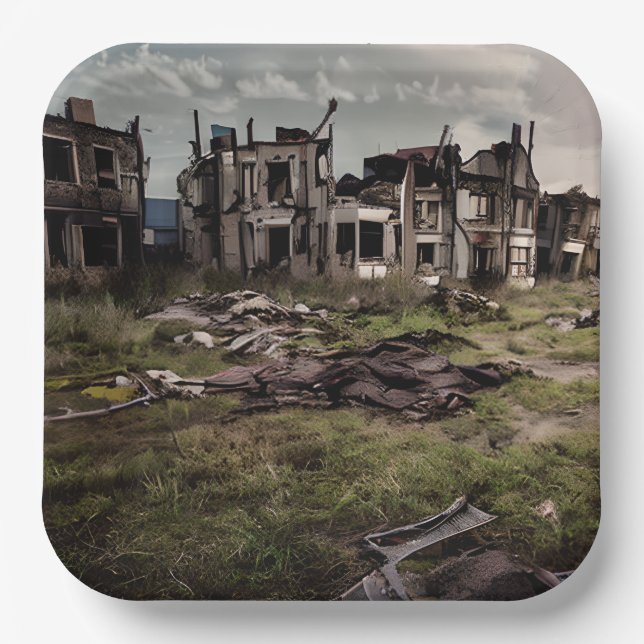  Abandoned Buildings | Post Apocalypse Destruction Paper Plate (Front)
