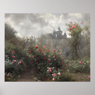Abandoned castle rose garden - vintage art poster