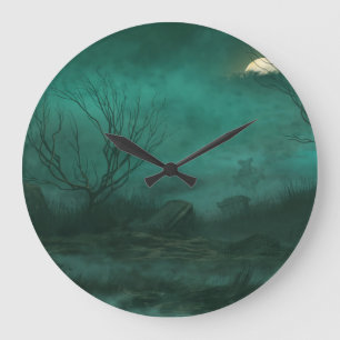 Abandoned Cemetery Moonlit Night Scene Large Clock