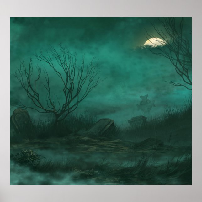 Abandoned Cemetery Moonlit Night Scene Poster (Front)