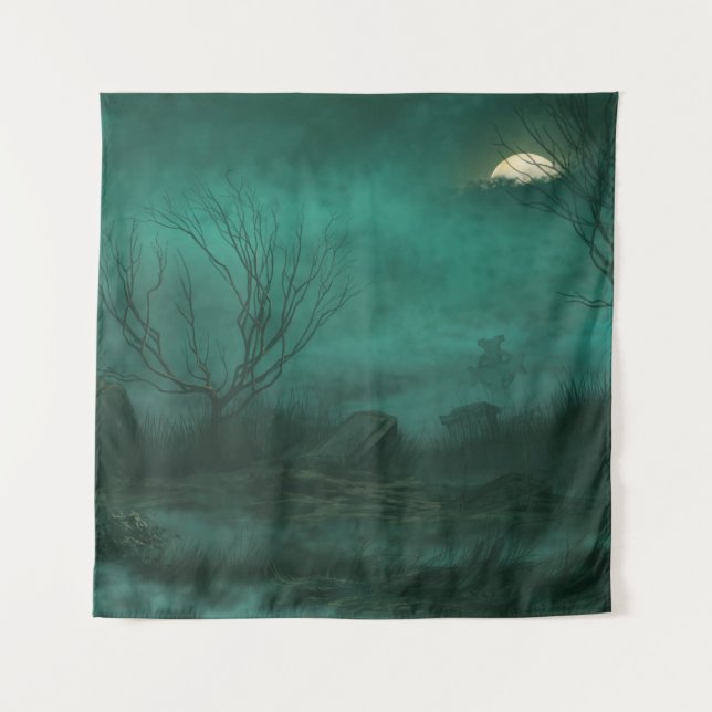 Abandoned Cemetery Moonlit Night Scene Tapestry (Front)