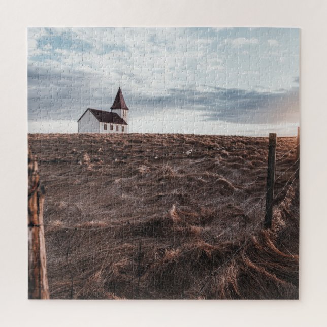 Abandoned Church in a Field with Fence Jigsaw Puzzle (Vertical)
