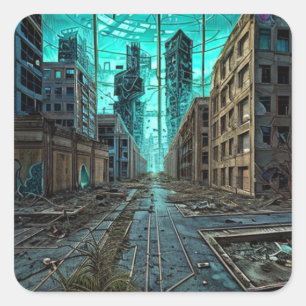 Abandoned City Dystopian AI Generated Artwork Square Sticker