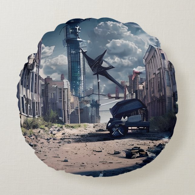 Abandoned City | Post Apocalypse Dystopian World  Round Cushion (Front)