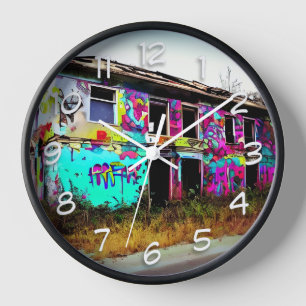 Abandoned House with Colourful Graffiti Clock