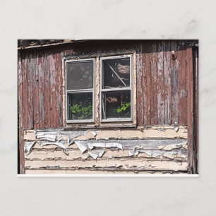 abandoned house with flowers at window postcard