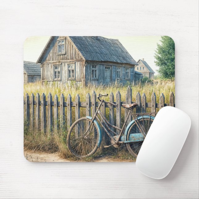 Abandoned Old Bike On Rustic Fence Mouse Mat (With Mouse)