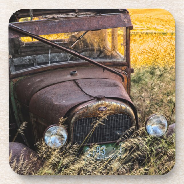 Abandoned old car in tall grass coaster (Front)
