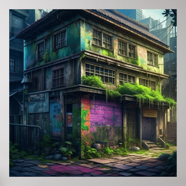 Abandoned Purple Graffiti Building Urban Decay Poster (Front)