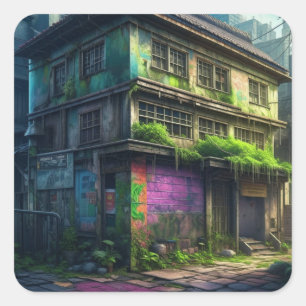 Abandoned Purple Graffiti Building Urban Decay Square Sticker