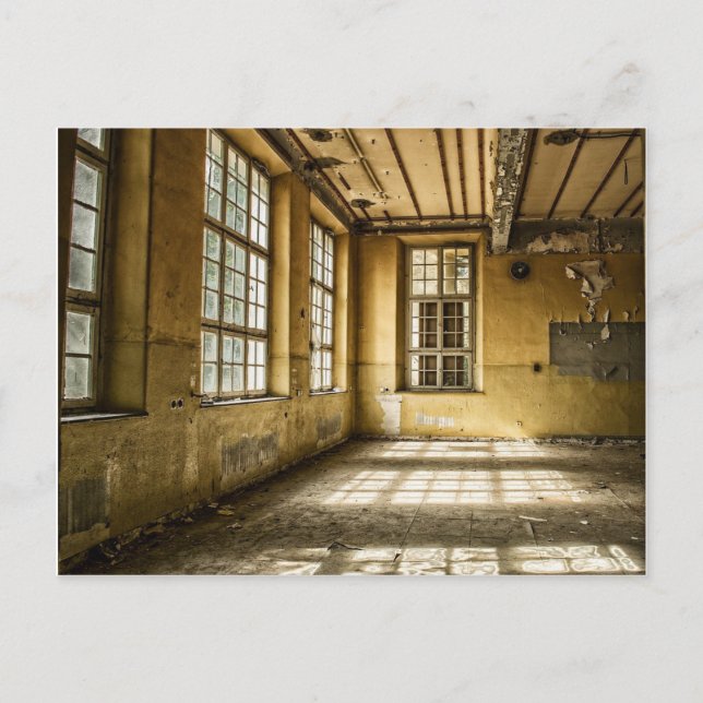 Abandoned Space with Large Windows Post card (Front)