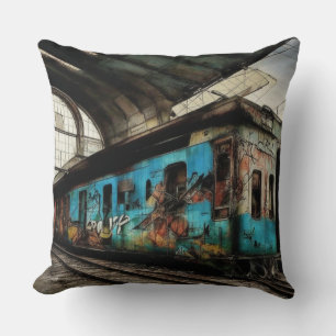 Abandoned Train with Graffiti Urban Street Art Cushion