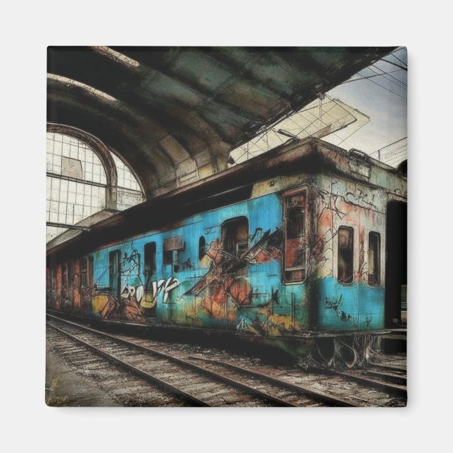 Abandoned Train with Graffiti Urban Street Art Magnet (Front)