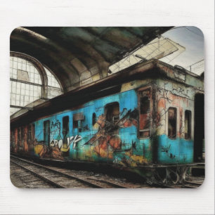 Abandoned Train with Graffiti Urban Street Art Mouse Mat