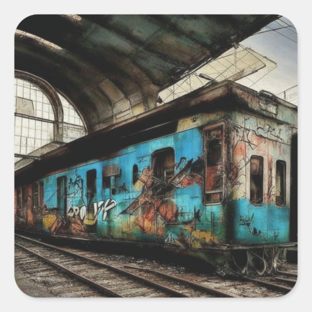 Abandoned Train with Graffiti Urban Street Art Square Sticker (Front)