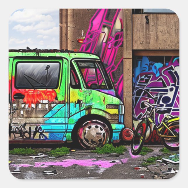 Abandoned Van and Bike Graffiti Urban Art Square Sticker (Front)