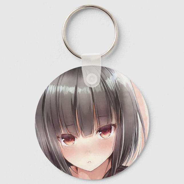 Abashed anime girl brunette bob amber eyes key ring (Front)