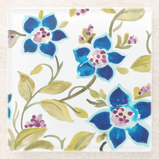 Abbey Floral Tiles - Blue Blooms Glass Coaster (Front)