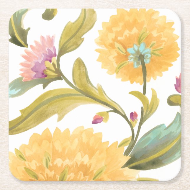 Abbey Floral Tiles - Yellow Flowers Square Paper Coaster (Front)