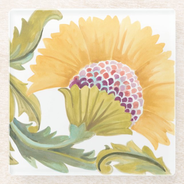 Abbey Floral Tiles - Yellow Glass Coaster (Front)