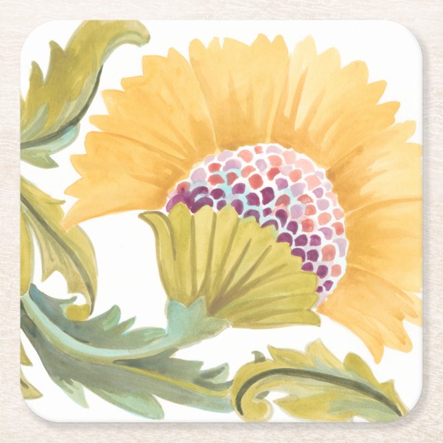 Abbey Floral Tiles - Yellow Square Paper Coaster (Front)