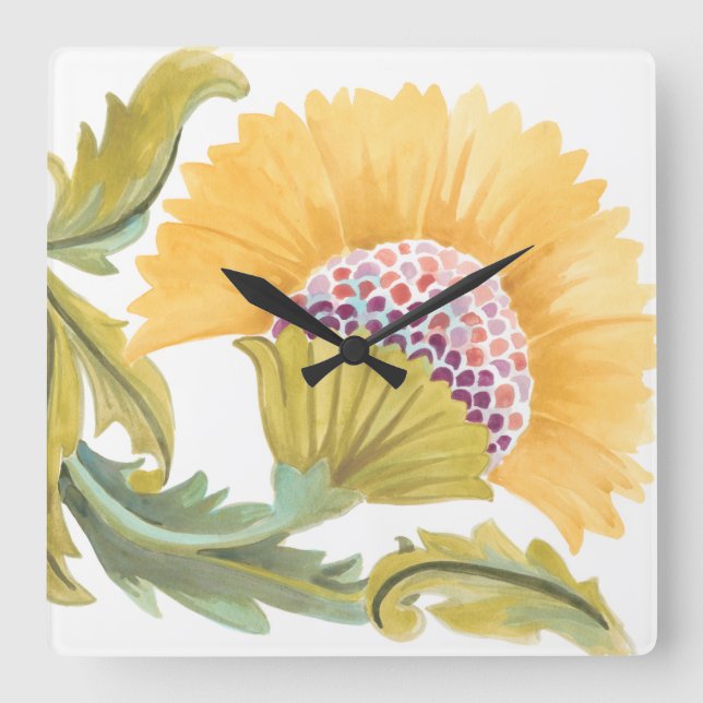 Abbey Floral Tiles - Yellow Square Wall Clock (Front)