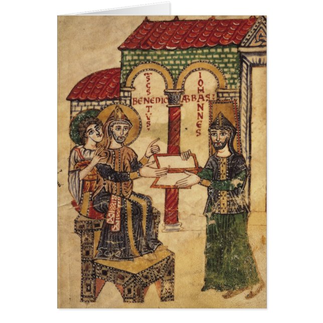 Abbot John offering manuscript Benedict (Front)