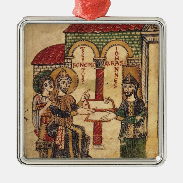 Abbot John offering manuscript Benedict Metal Tree Decoration (Front)