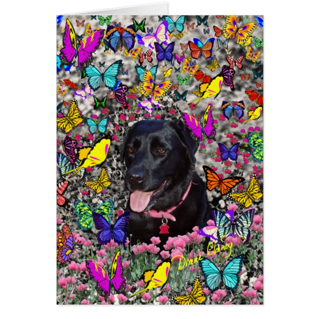 Abby in Butterflies Card - Black Labrador (Front)