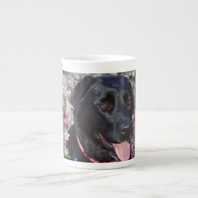Abby in Flowers – Black Lab Dog Bone China Mug (Front)