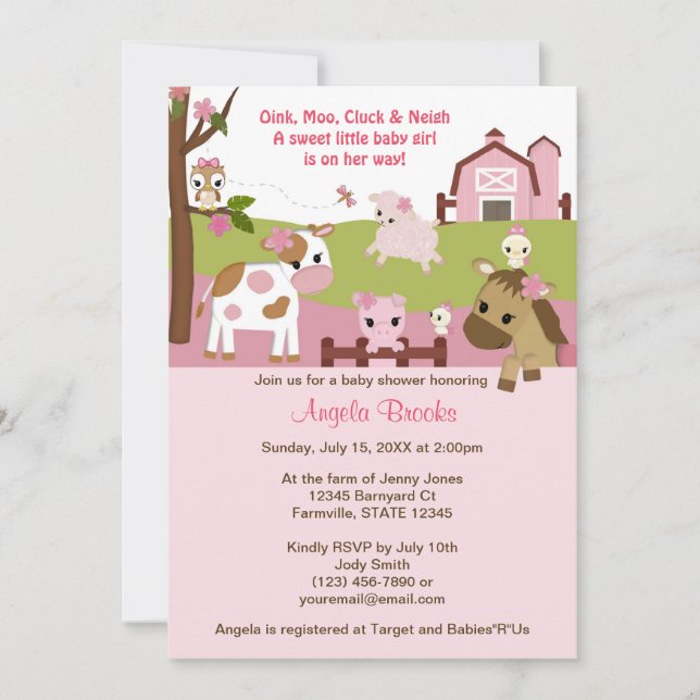Abby's Farm Animal Girls Baby Shower GIRL PINK Invitation (Front)