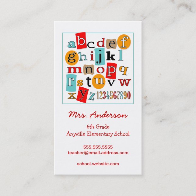 ABC 123 Alphabet Teacher Contact Business Card (Front)