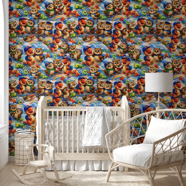 ABC adventure wallpaper, cute dinosaur and owl lea Wallpaper (Kids)